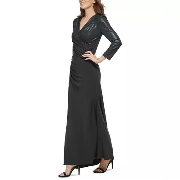DKNY Long Dress Faux Leather Look Side Ruched Jersey Surplice V-Neck 6 NWT - Picture 3 of 16